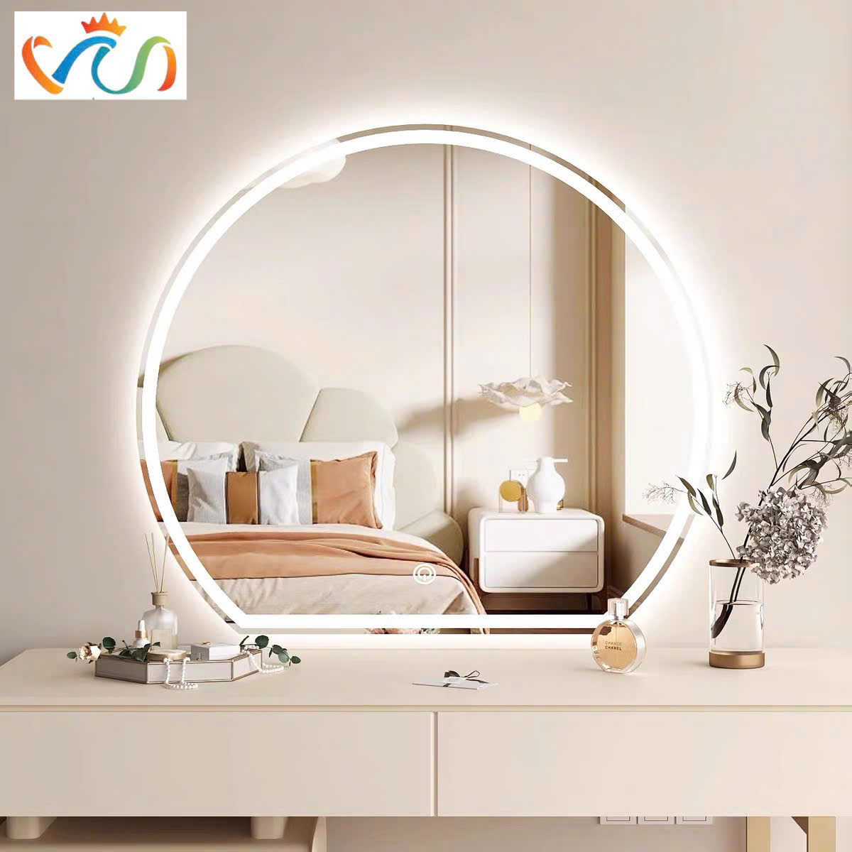 Gương tròn khuyết led cảm ứng cách