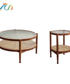 Bàn trà, bàn sofa 2 tầng gỗ phối mây mặt kính sóng hình tròn VBT01 phong cách Bắc Âu, hiện đại, Nhật Bản