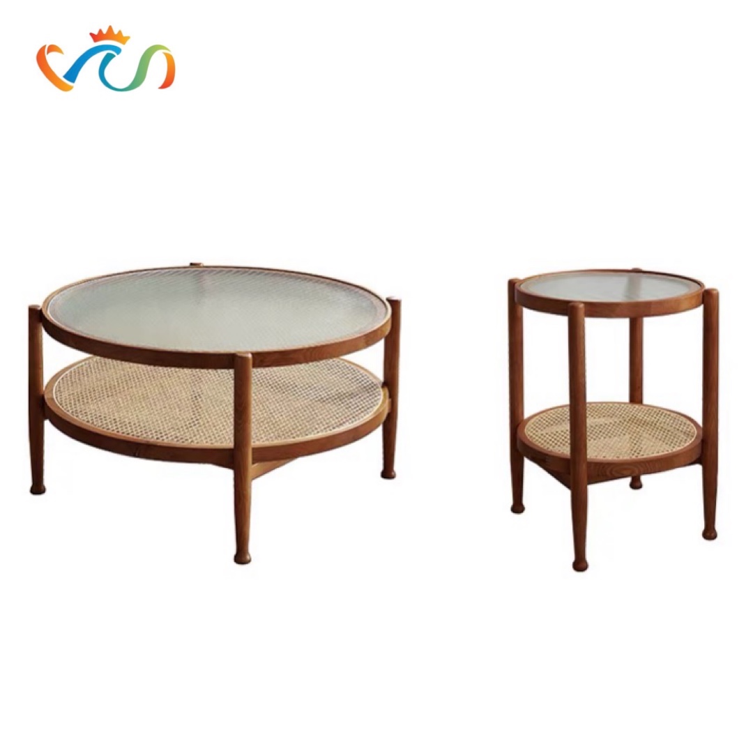 Bàn trà, bàn sofa 2 tầng gỗ phối mây mặt kính sóng hình tròn VBT01 phong cách Bắc Âu, hiện đại, Nhật Bản