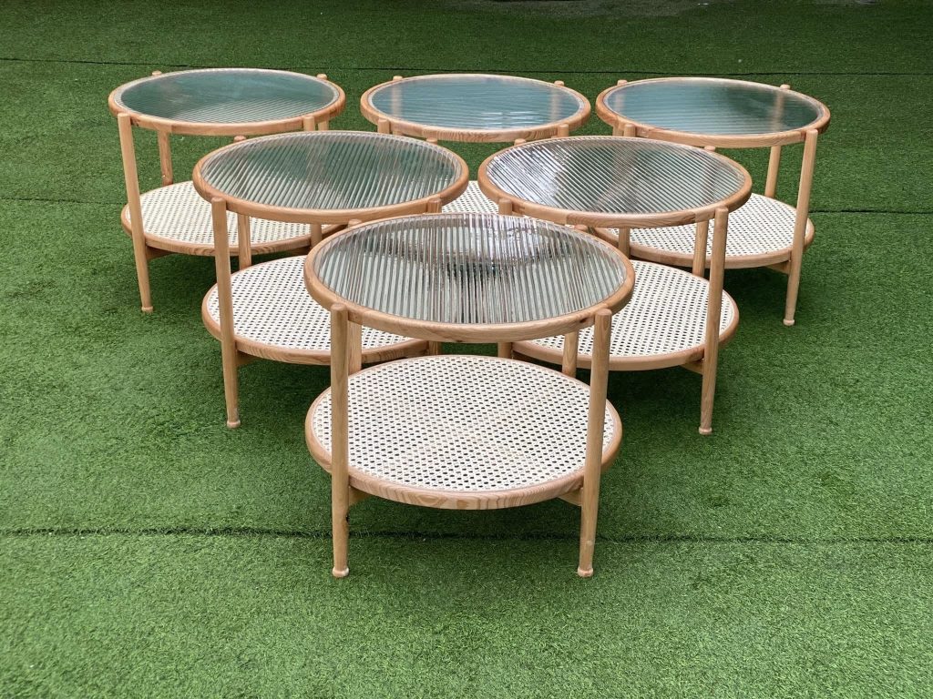 Bàn trà, bàn sofa 2 tầng gỗ phối mây mặt kính sóng hình tròn VBT01 phong cách Bắc Âu, hiện đại, Nhật Bản