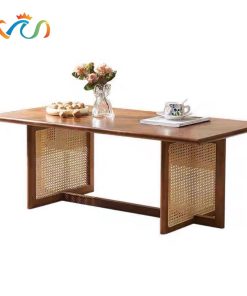 Bàn trà, bàn sofa gỗ phối mây hình chữ nhật VBT04 phong cách Bắc Âu, hiện đại, Nhật Bản