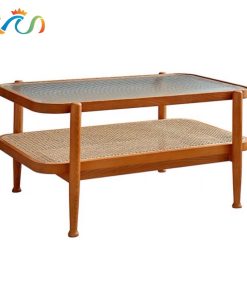 Bàn trà, bàn sofa 2 tầng gỗ phối mây mặt kính sóng hình chữ nhật VBT05 phong cách Bắc Âu, hiện đại, Nhật Bản
