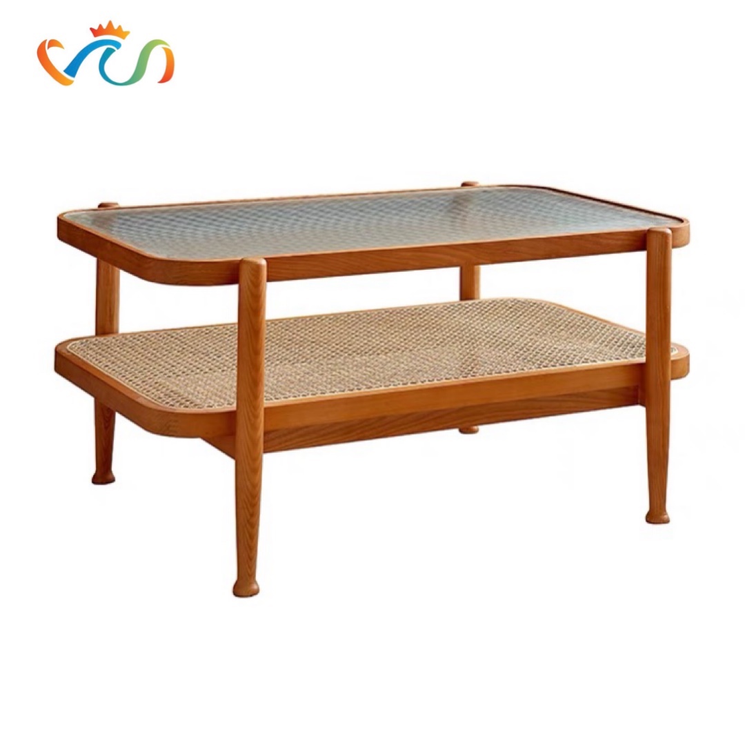 Bàn trà, bàn sofa 2 tầng gỗ phối mây mặt kính sóng hình chữ nhật VBT05 phong cách Bắc Âu, hiện đại, Nhật Bản