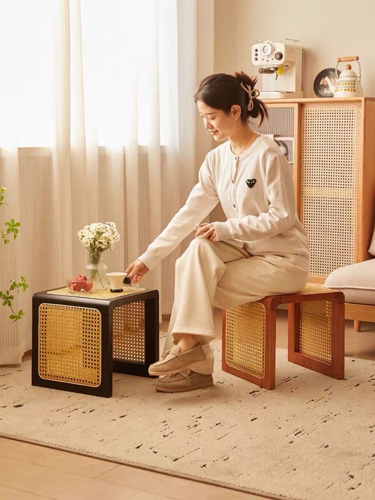 Bàn trà, Đôn gỗ phối mây VGD02