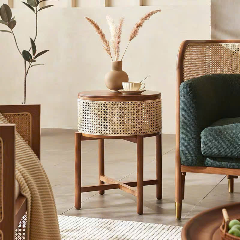 Bàn trà, giỏ gỗ phối mây VGD04