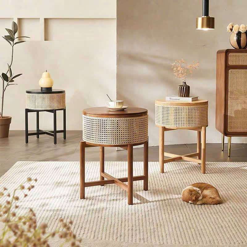 Bàn trà, giỏ gỗ phối mây VGD04
