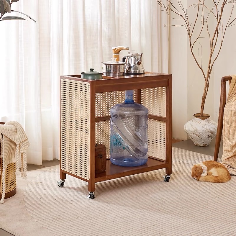 Bàn trà, kệ để đồ gỗ phối mây có bánh xe VTĐ21