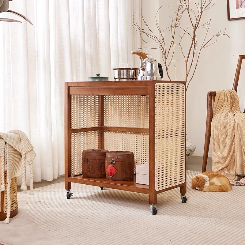 Bàn trà, kệ để đồ gỗ phối mây có bánh xe VTĐ21