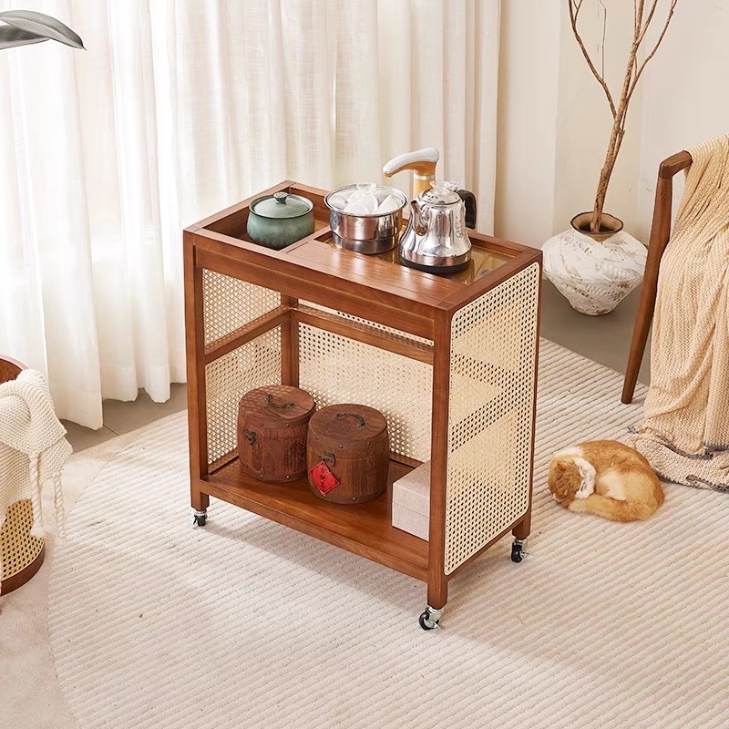 Bàn trà, kệ để đồ gỗ phối mây có bánh xe VTĐ21