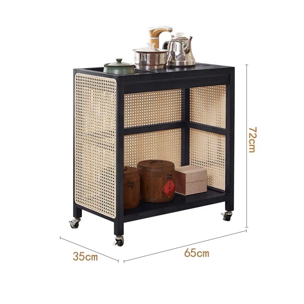 Bàn trà, kệ để đồ gỗ phối mây có bánh xe VTĐ21
