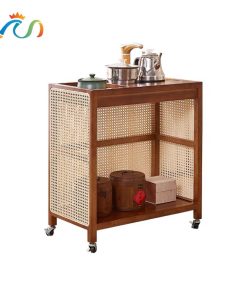 Bàn trà, kệ để đồ gỗ phối mây có bánh xe VTĐ21