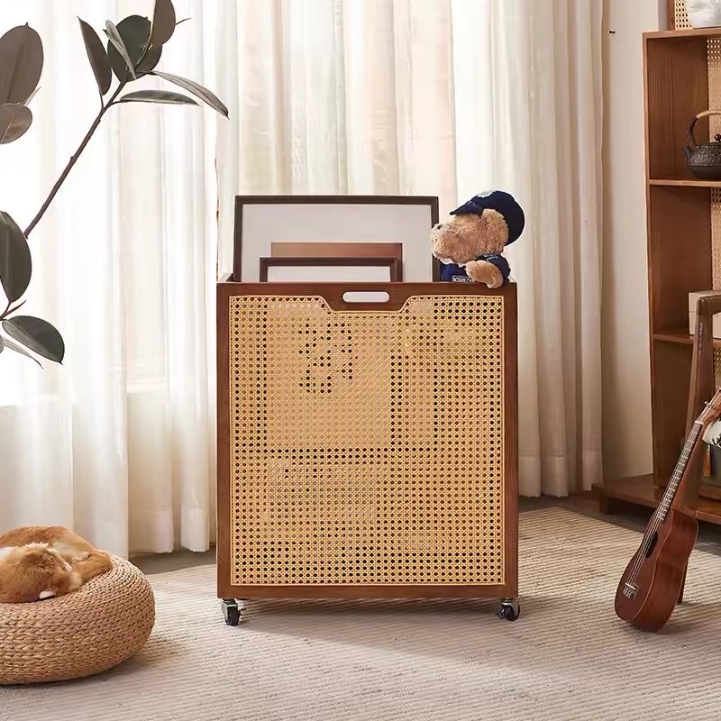 Bàn trà, kệ để đồ gỗ phối mây có bánh xe VTĐ22