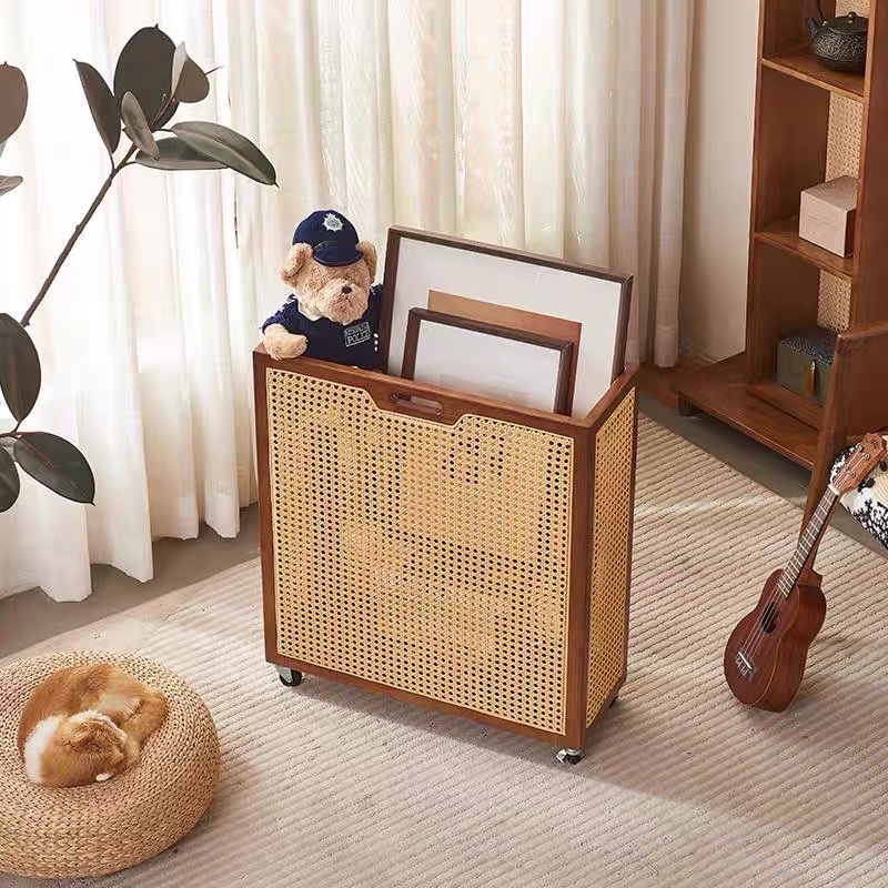 Bàn trà, kệ để đồ gỗ phối mây có bánh xe VTĐ22