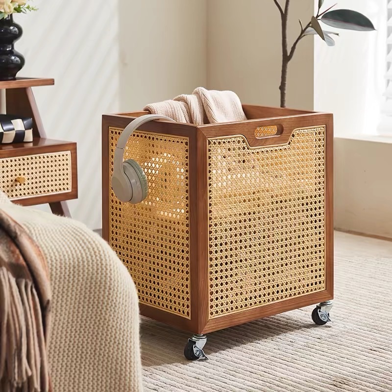Bàn trà, kệ để đồ gỗ phối mây có bánh xe VTĐ22