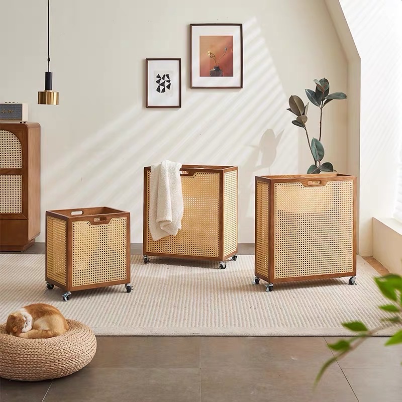 Bàn trà, kệ để đồ gỗ phối mây có bánh xe VTĐ22