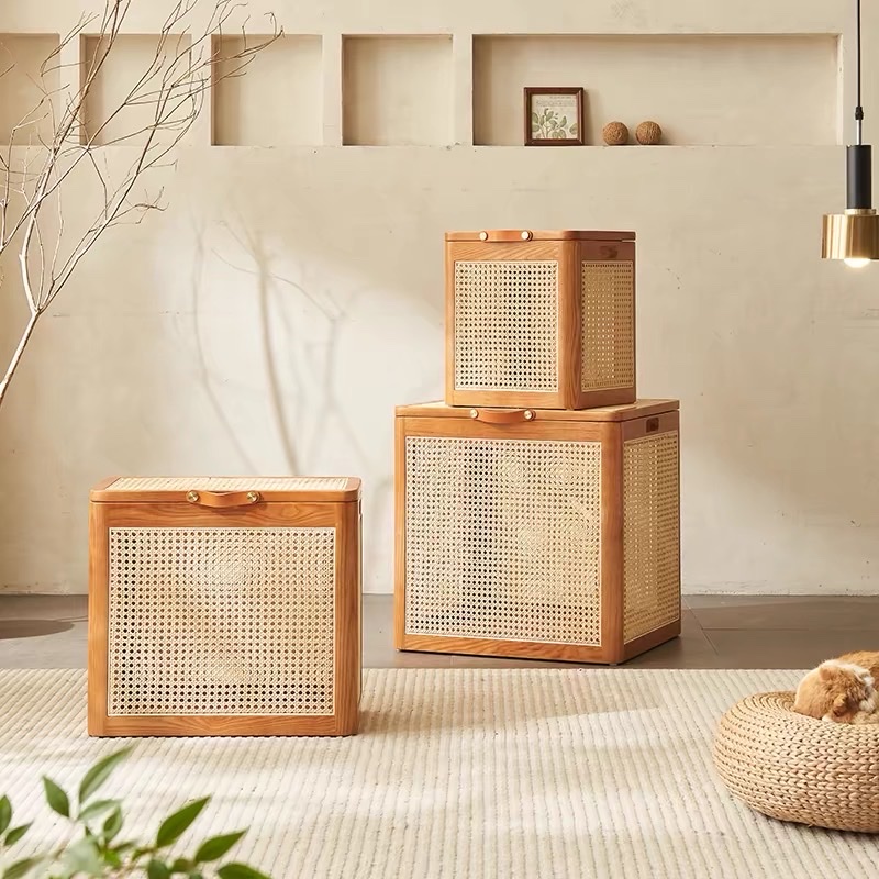 Bàn trà, Giỏ để đồ gỗ phối mây VTĐ23