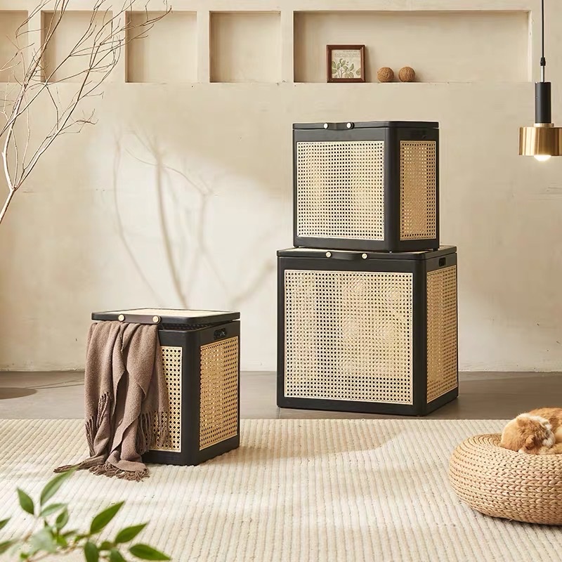 Bàn trà, Giỏ để đồ gỗ phối mây VTĐ23