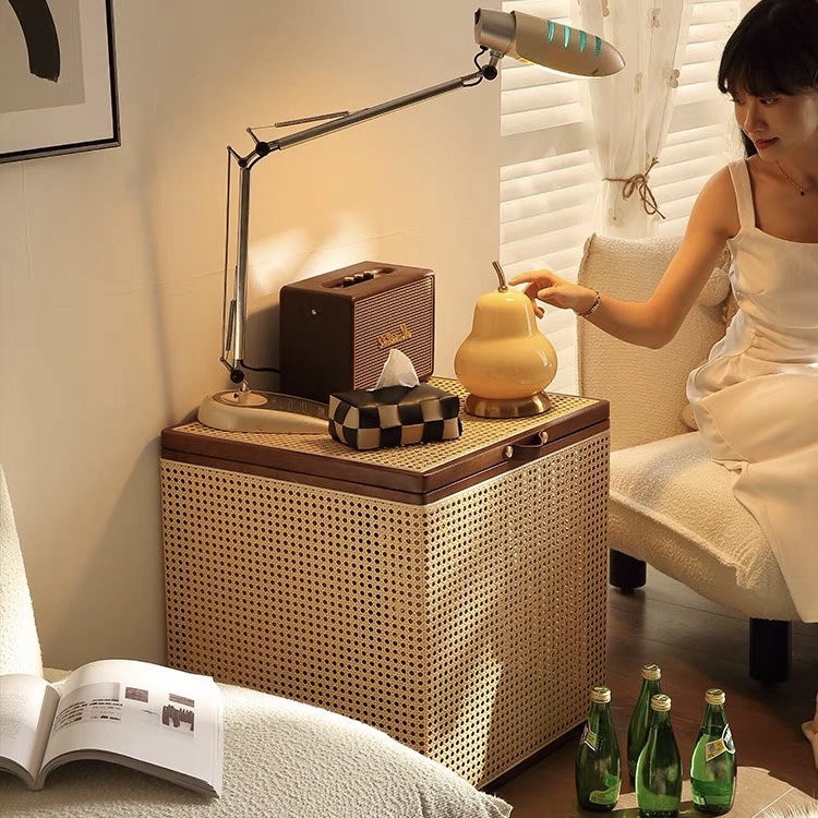 Bàn trà, Giỏ để đồ gỗ phối mây VTĐ23