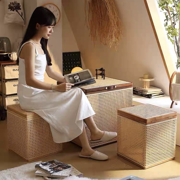 Bàn trà, Giỏ để đồ gỗ phối mây VTĐ23