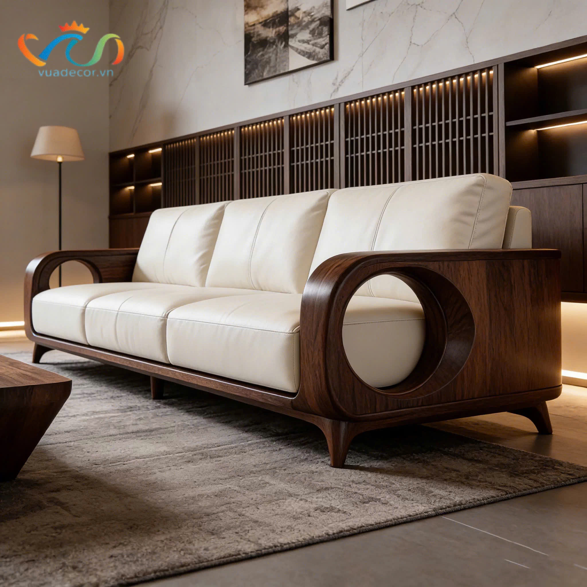 Sofa Gỗ Tự Nhiên VUADECOR VS99 Cao Cấp – Sofa Phòng Khách Khung Gỗ Uốn Cong Sang Trọng