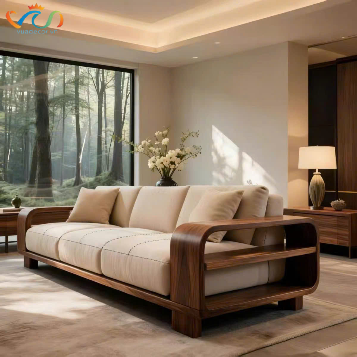 Sofa Gỗ Tự Nhiên Tần Bì VS89 Cao Cấp – Ghế Sofa Phòng Khách Bọc Nỉ Da Khung Gỗ Uốn Cong