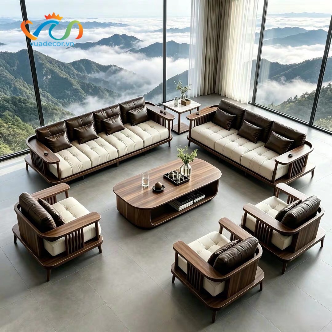 Sofa Gỗ Tự Nhiên Tần Bì VUADECOR VS90 Cao Cấp – Ghế Sofa Phòng Khách Bọc Nỉ Da Khung Gỗ Uốn Cong