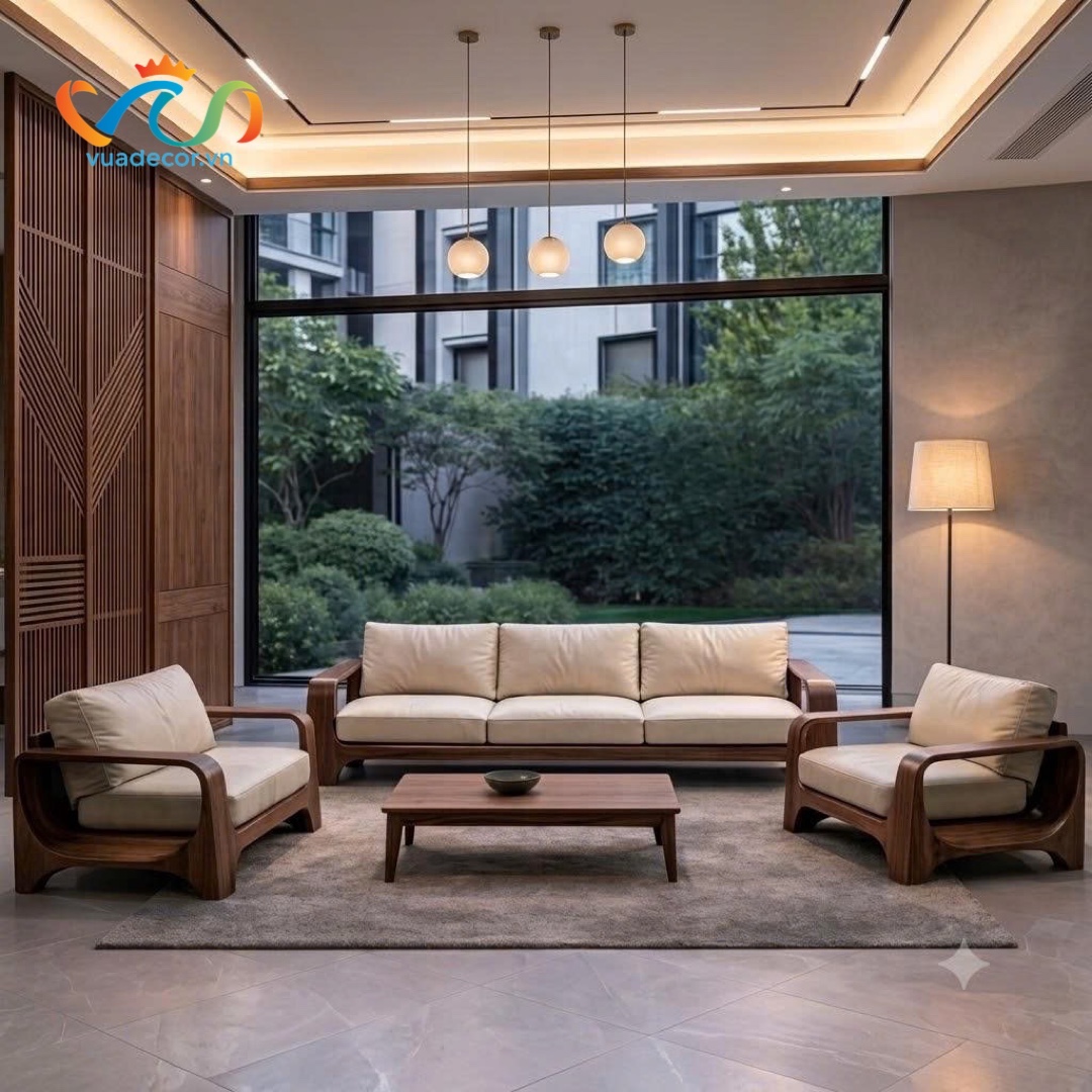 Sofa Gỗ Tự Nhiên Tần Bì VUADECOR VS85 Cao Cấp – Ghế Sofa Phòng Khách Bọc Nỉ Da, Khung Gỗ Bo Cong