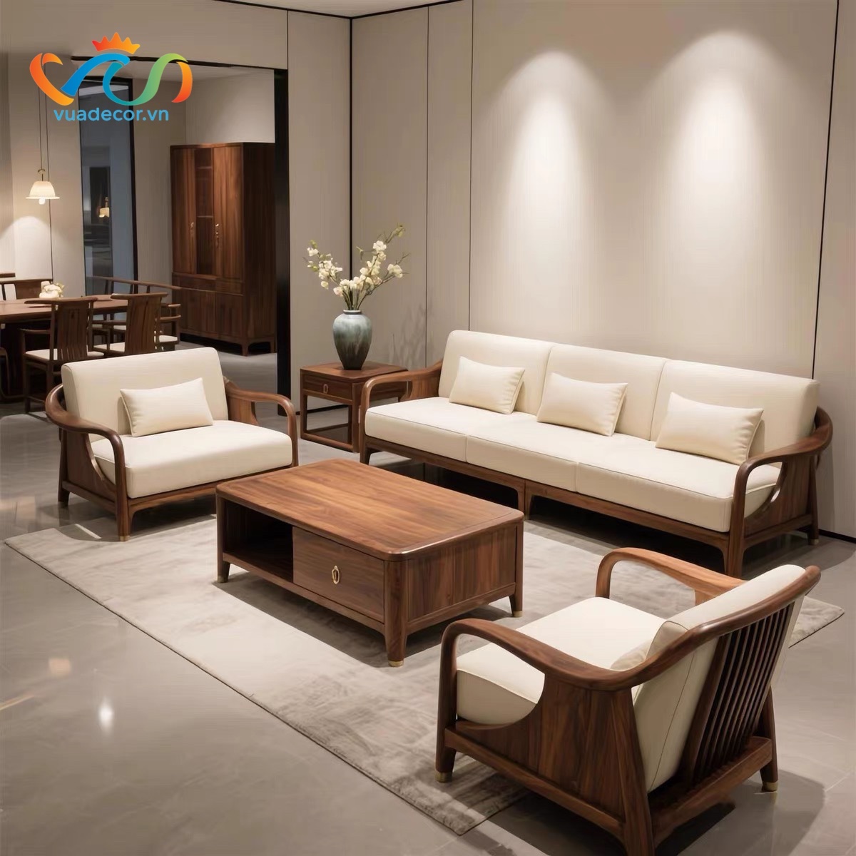Sofa Gỗ Tự Nhiên HOT 2026 VUADECOR VS103 Cao Cấp – Sofa Phòng Khách Khung Gỗ Uốn Cong Sang Trọng