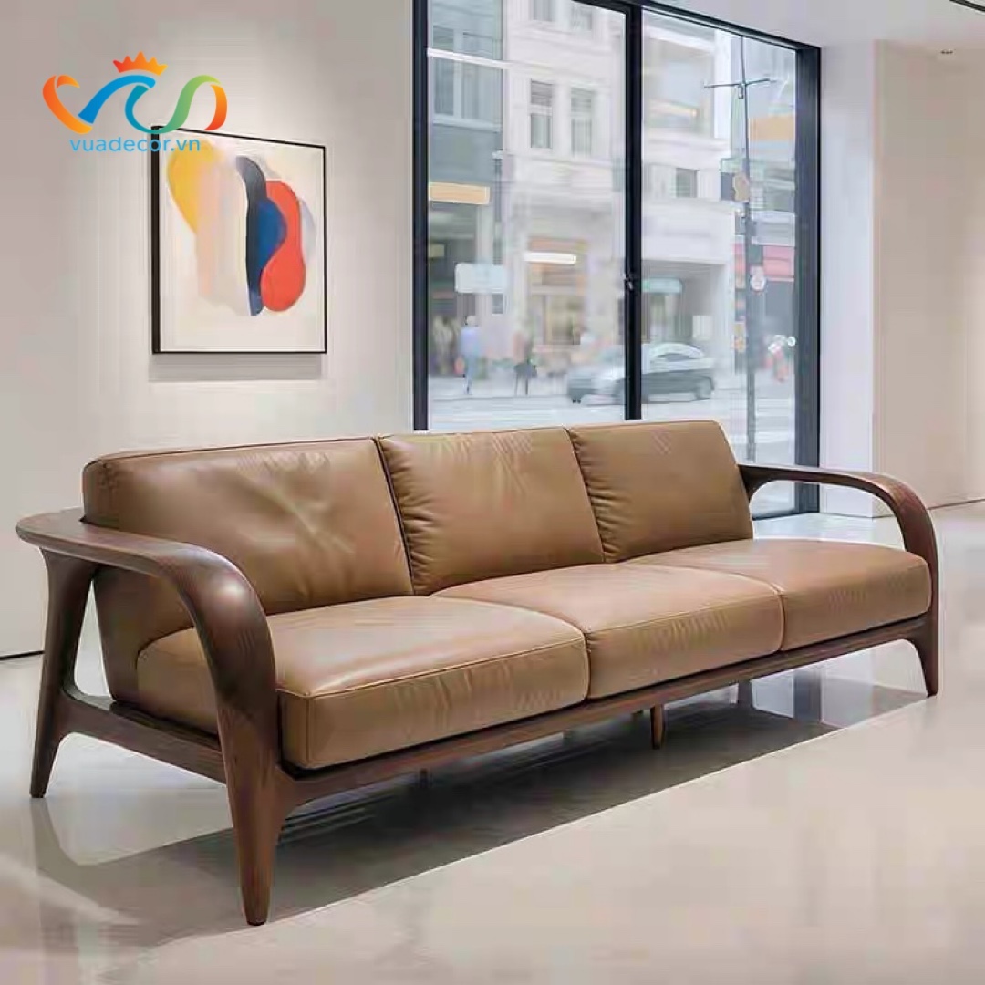 Sofa Gỗ Tự Nhiên Tần Bì VUADECOR VS86 Cao Cấp – Ghế Sofa Phòng Khách Bọc Nỉ Da, Khung Gỗ Bo Cong