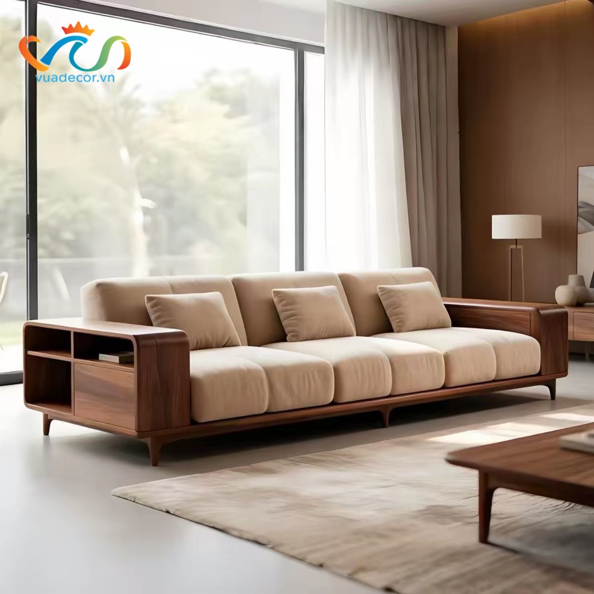 Ghế sofa gỗ tự nhiên Kèm Hộc Tủ VUADECOR VS104 –  Ghế Sofa Đệm Nỉ Da Cao Cấp Phong Cách Hiện Đại