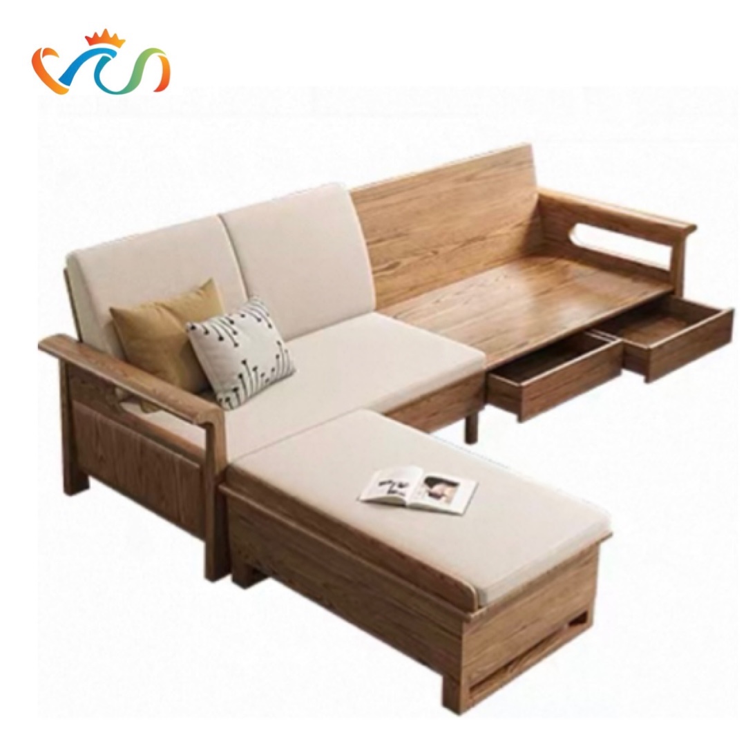 Ghế sofa gỗ phối mây đệm nỉ có hộc để đồ VUADECOR VS78
