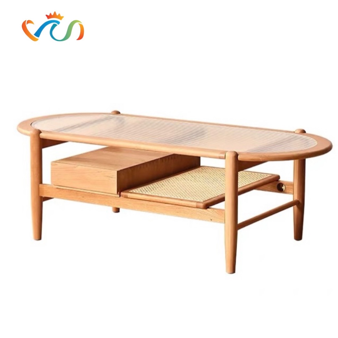 Bàn Trà, Bàn Sofa Gỗ Mặt Kính Phong Cách Japandi VBT18