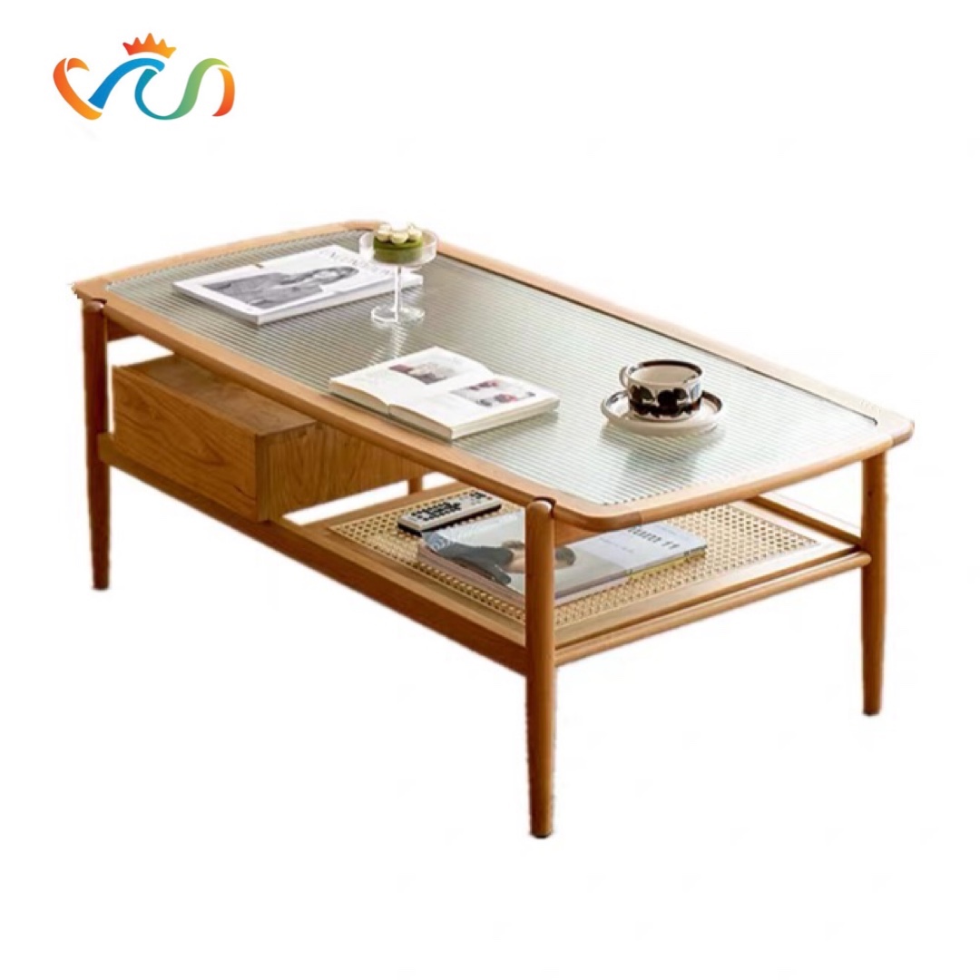 Bàn Trà, Bàn Sofa Gỗ Mặt Kính Phong Cách Japandi VBT19