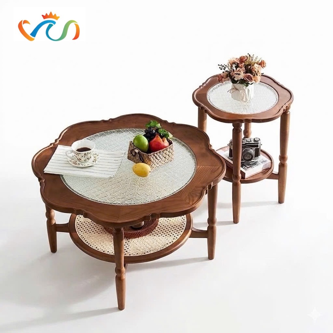Bàn Trà, Bàn Sofa Gỗ Phối Mây Tròn Phong Cách Vintage VBT25