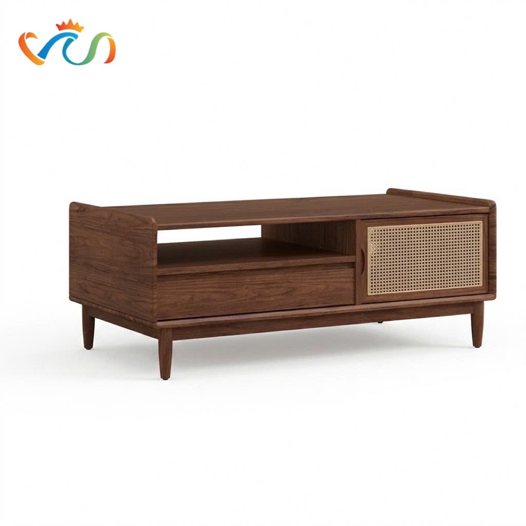 Bàn Trà - Bàn Sofa Gỗ Phối Mây VBT34 Phong Cách INDOCHINE