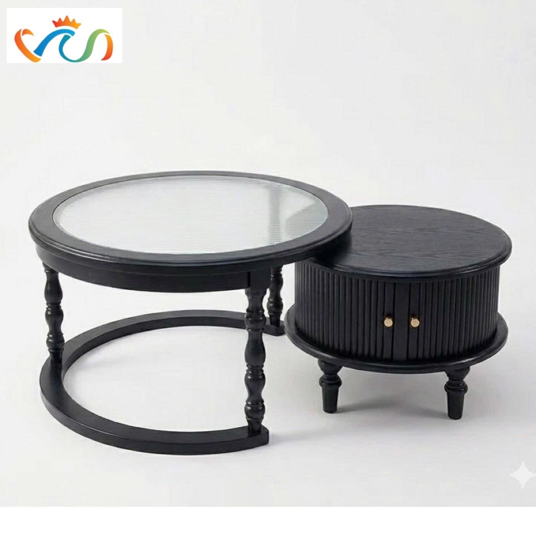 COMBO Bàn Trà Gỗ Tròn Mặt Kính Sóng Phong Cách INDOCHINE VBT45