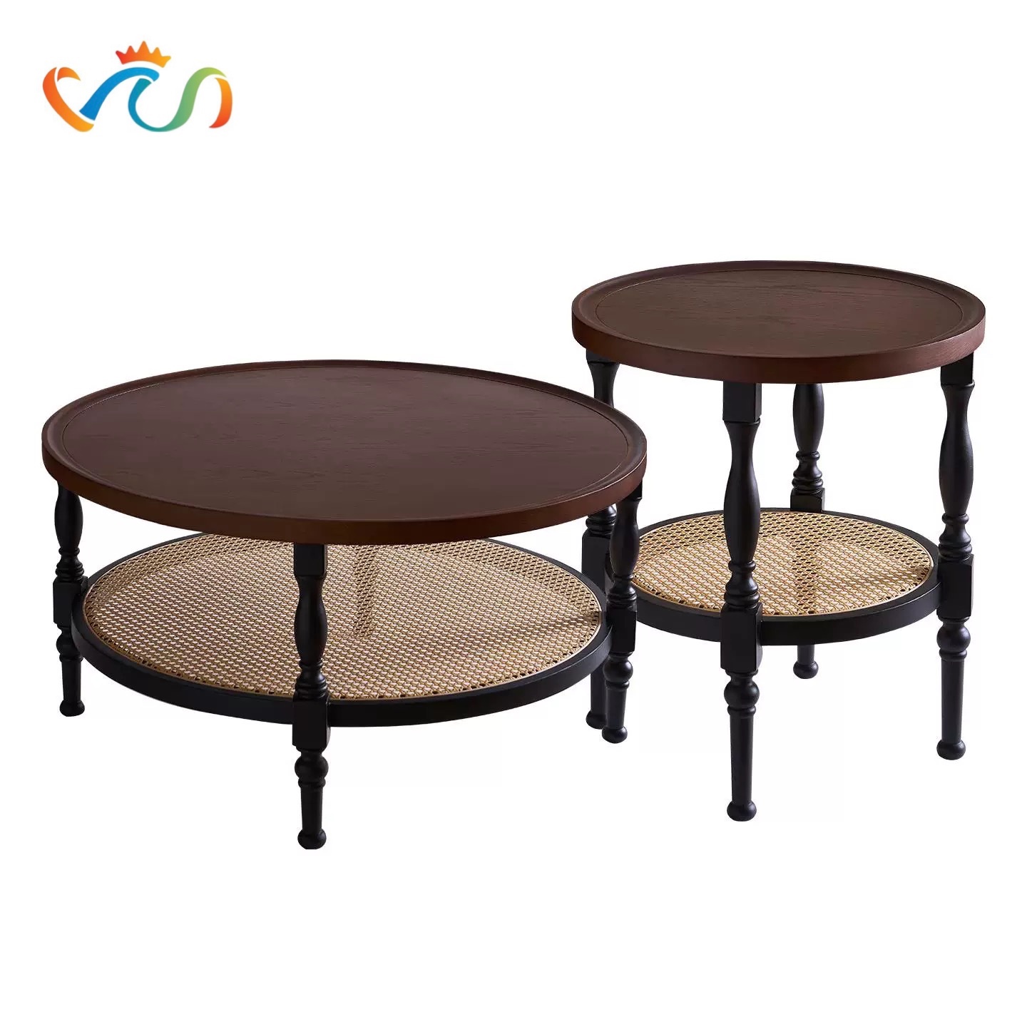 COMBO Bàn Trà Gỗ Tròn Phối Mây Phong Cách INDOCHINE VBT49