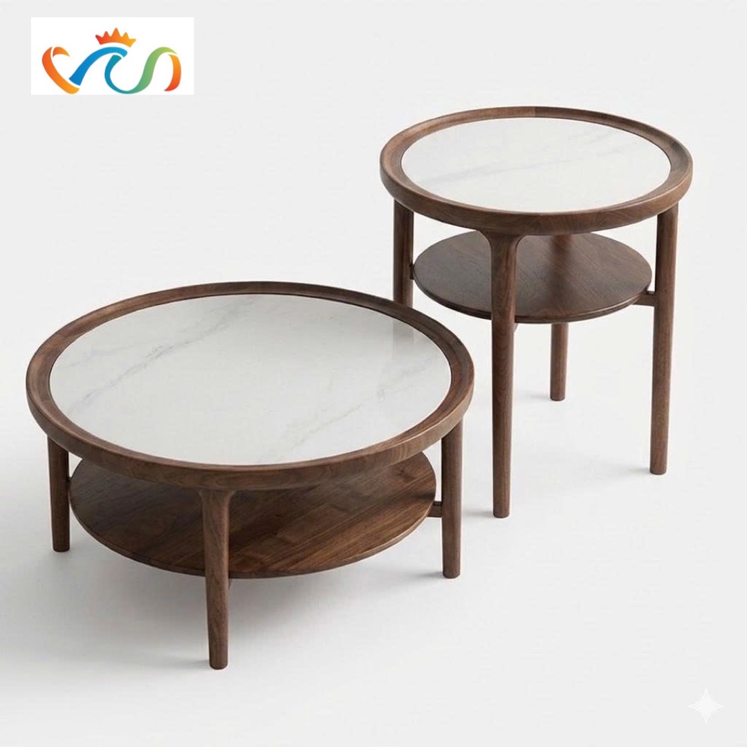 Bàn Trà, Bàn Sofa Gỗ Tròn Mặt Đá Phong Cách Vintage VBT56