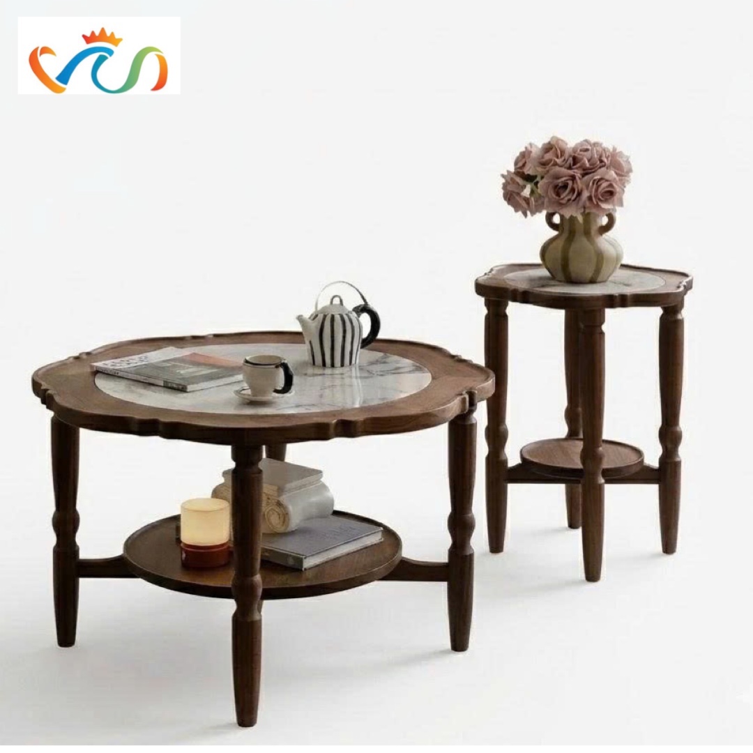 Bàn Trà, Bàn Sofa Gỗ Tròn Mặt Đá Phong Cách Vintage VBT57