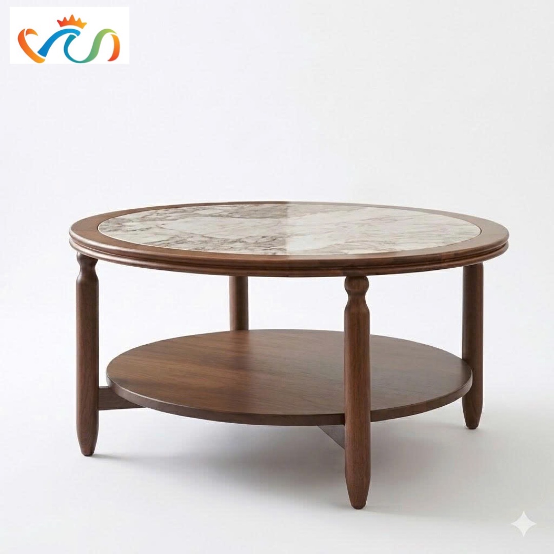 Bàn Trà Gỗ Tròn Mặt Đá Phong Cách Vintage VBT58