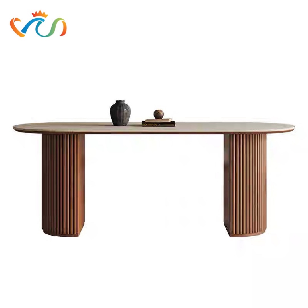 BÀN ĂN OVAL 2 CHÂN TRỤ NAN GỖ VBA31 – PHONG CÁCH MODERN ART DECOR