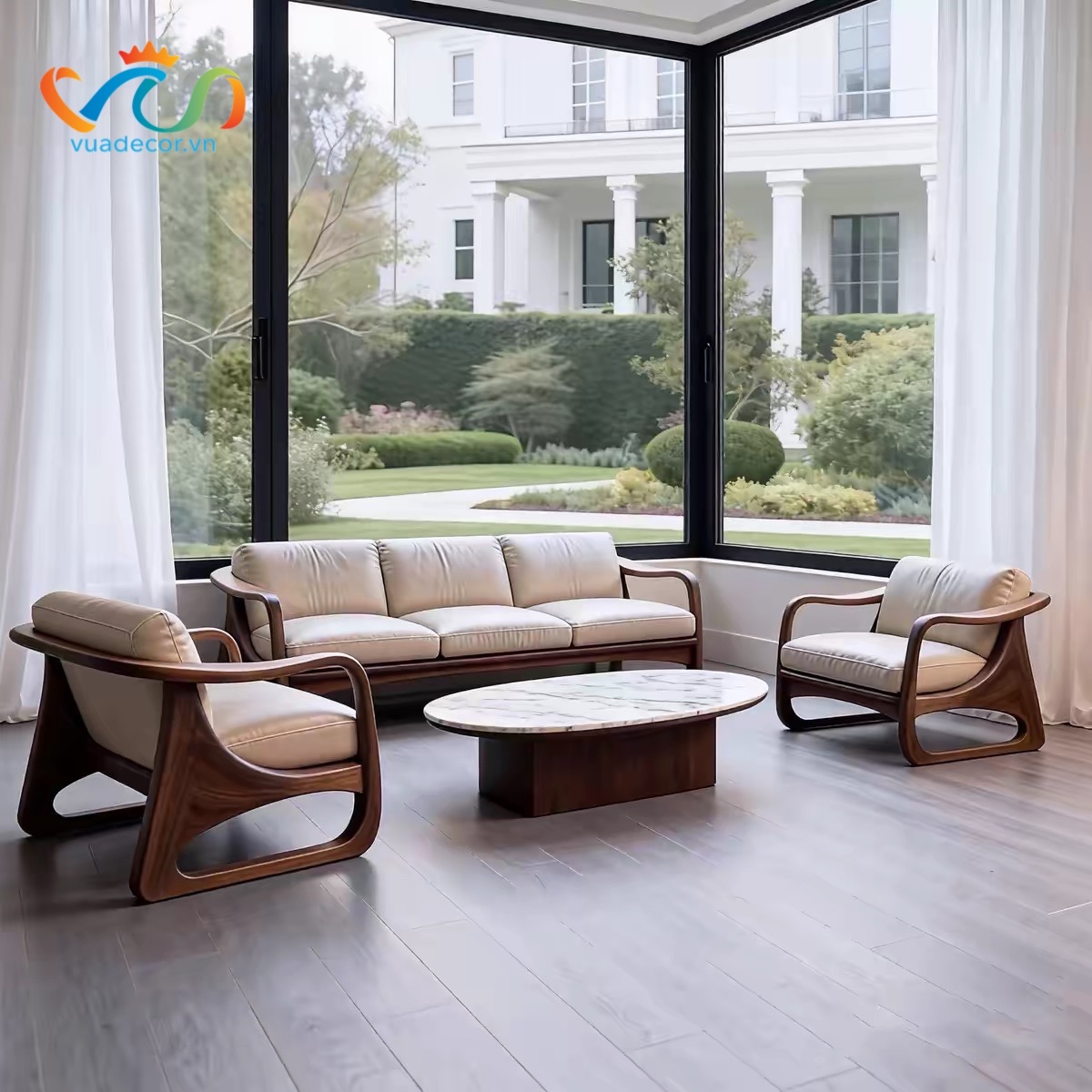Sofa Gỗ Tự Nhiên Phối Mây VUADECOR VS83 Cao Cấp – Ghế Sofa Phòng Khách Bọc Nỉ Da Khung Gỗ Uốn Cong