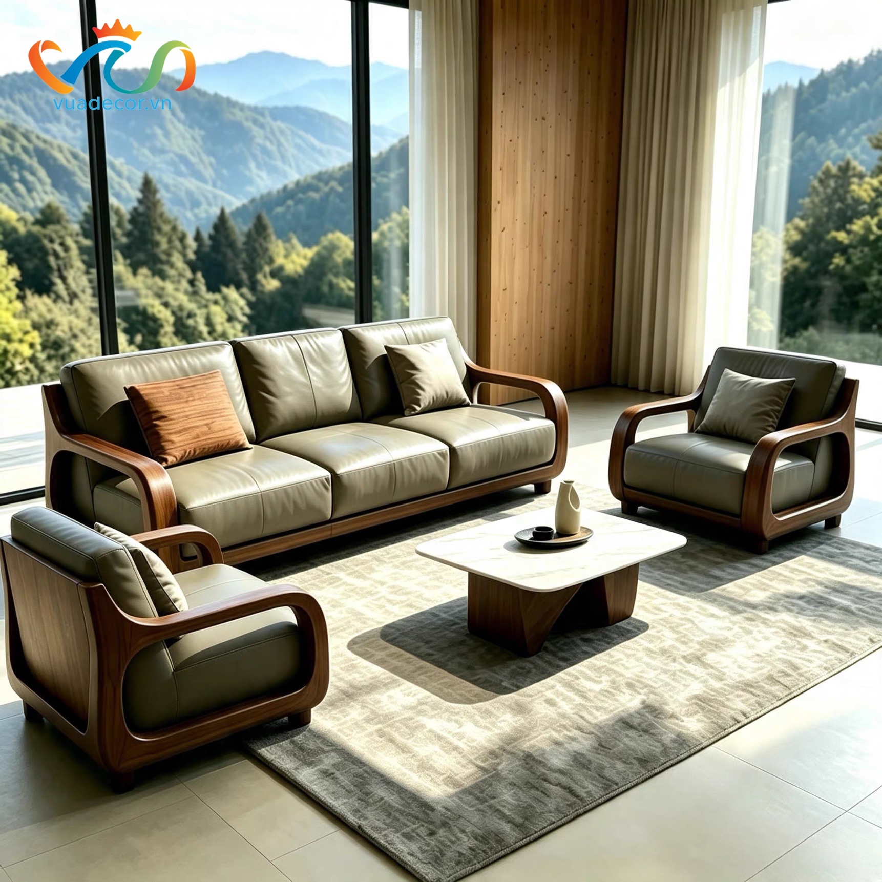 Sofa Gỗ Tự Nhiên VUADECOR VS153 Cao Cấp – Ghế Sofa Phòng Khách Khung Gỗ Uốn Cong Bọc Nỉ Da Hiện Đại