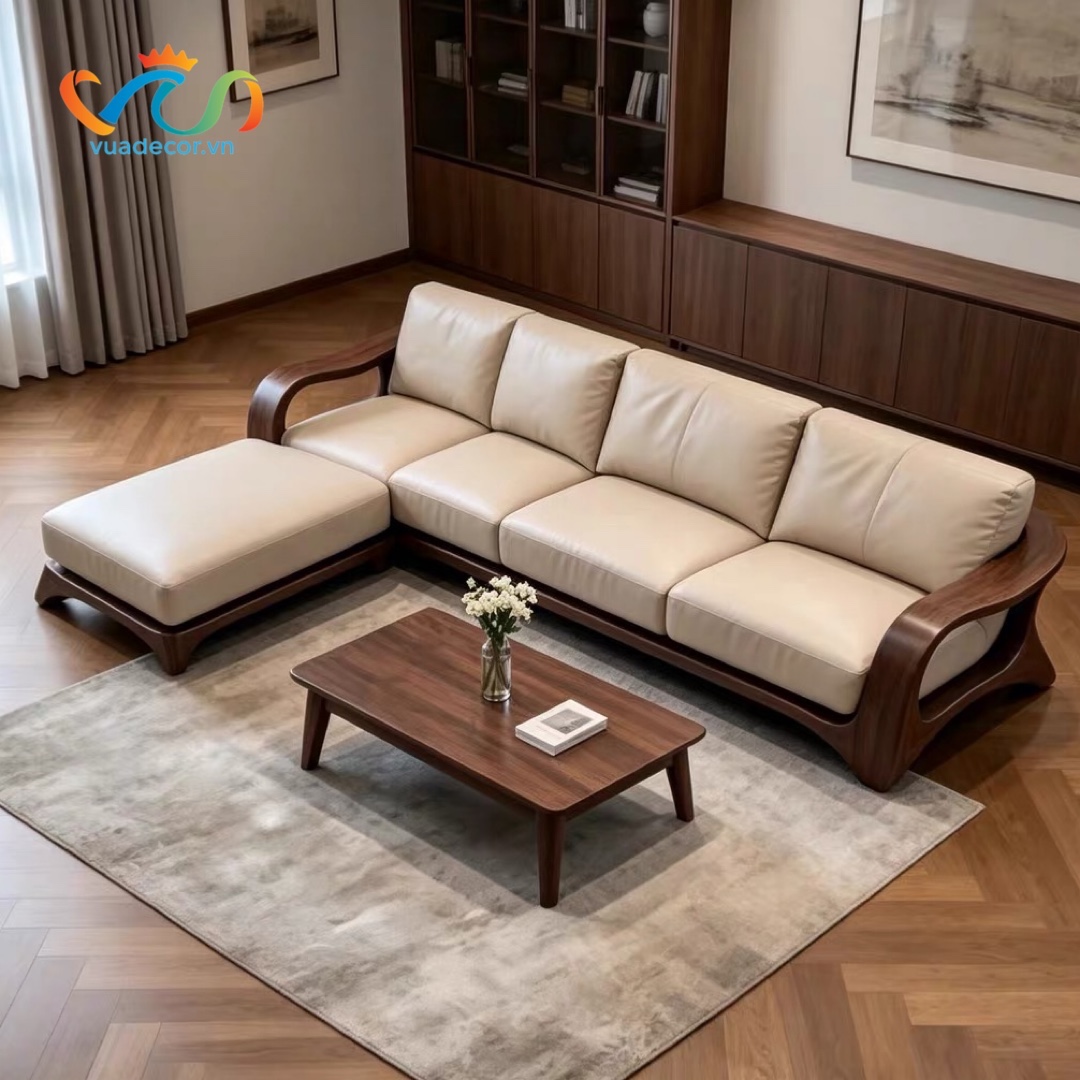 Sofa Gỗ Tự Nhiên Tần Bì VUADECOR VS154 Cao Cấp – Ghế Sofa Phòng Khách Bọc Nỉ Da, Khung Gỗ Bo Cong