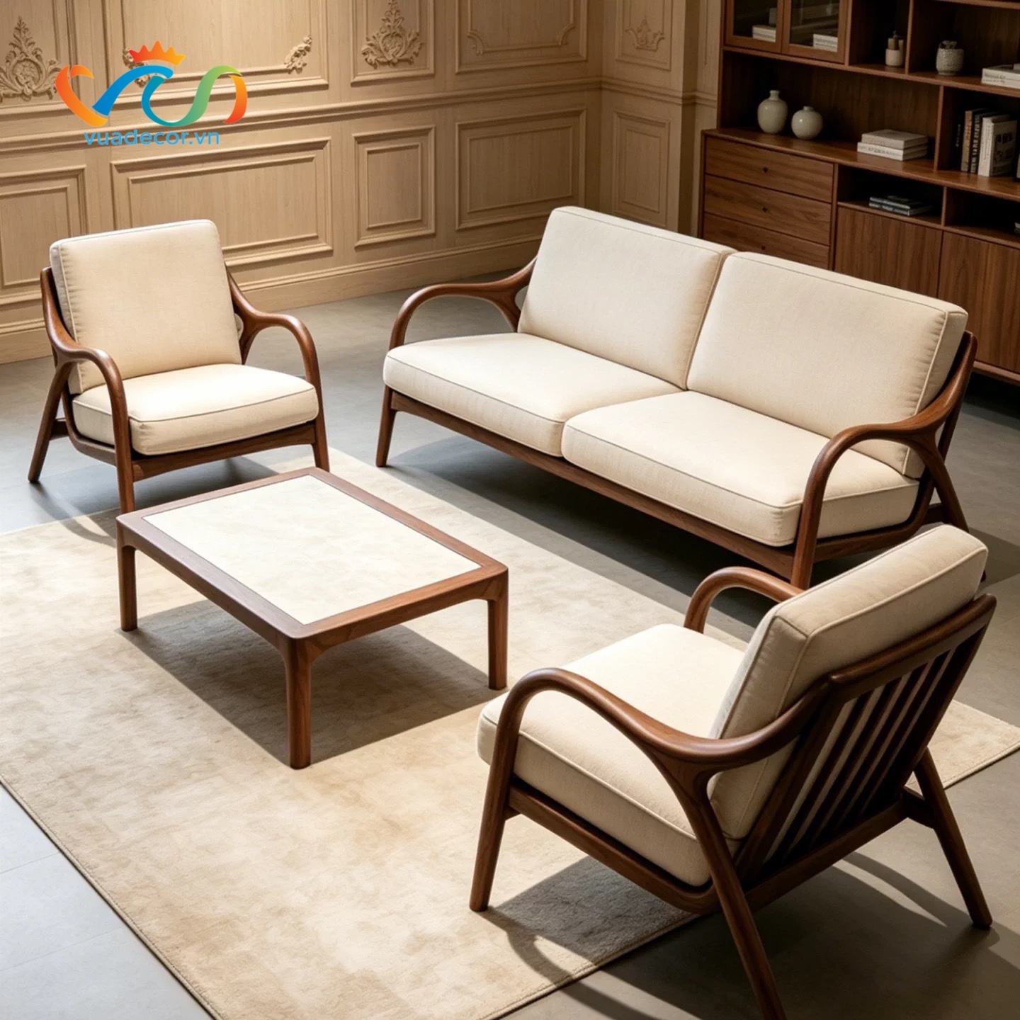 Sofa Gỗ Tự Nhiên VUADECOR V155 Cao Cấp – Ghế Sofa Phòng Khách Bọc Nỉ Da, Khung Gỗ Bo Cong