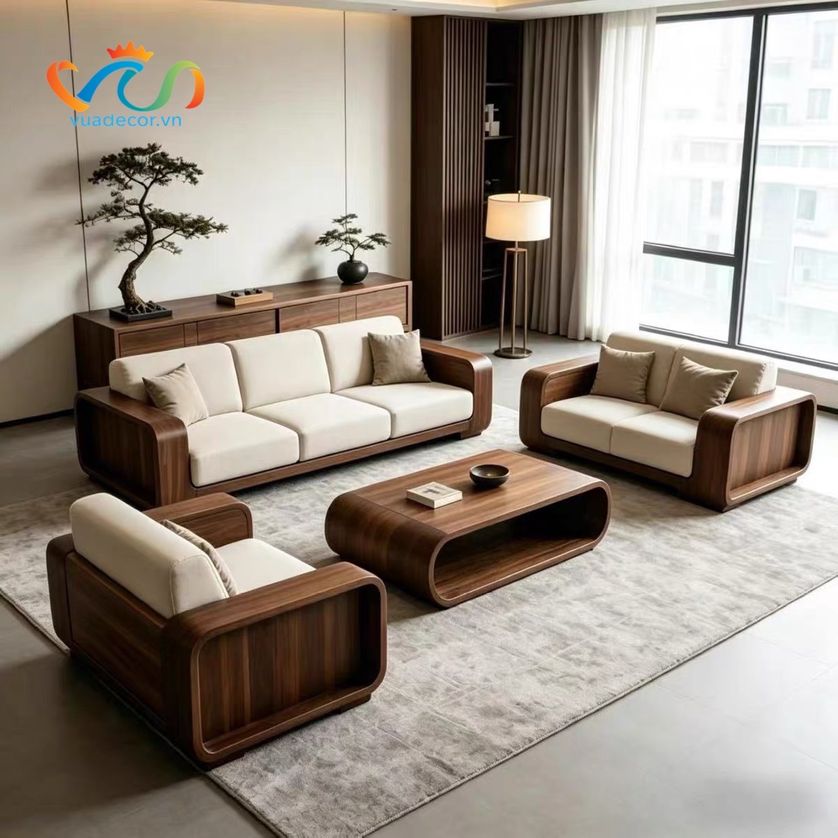 Sofa Gỗ Tự Nhiên VUADECOR V156 Cao Cấp – Ghế Sofa Phòng Khách Bọc Nỉ Da, Khung Gỗ Bo Cong
