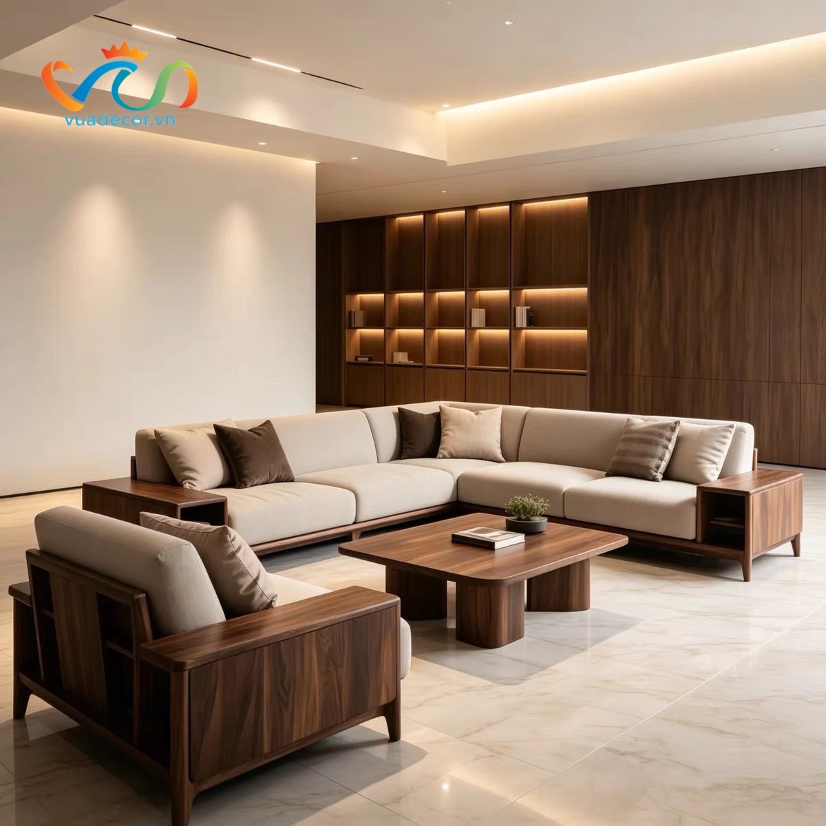 Sofa Gỗ Tự Nhiên VUADECOR V157 Cao Cấp – Ghế Sofa Phòng Khách Bọc Nỉ Da, Khung Gỗ Bo Cong