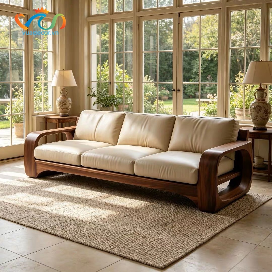 Sofa Gỗ Tự Nhiên VUADECOR VS158 Cao Cấp – Ghế Sofa Phòng Khách Bọc Nỉ Da, Khung Gỗ Uốn Cong Sang Trọng