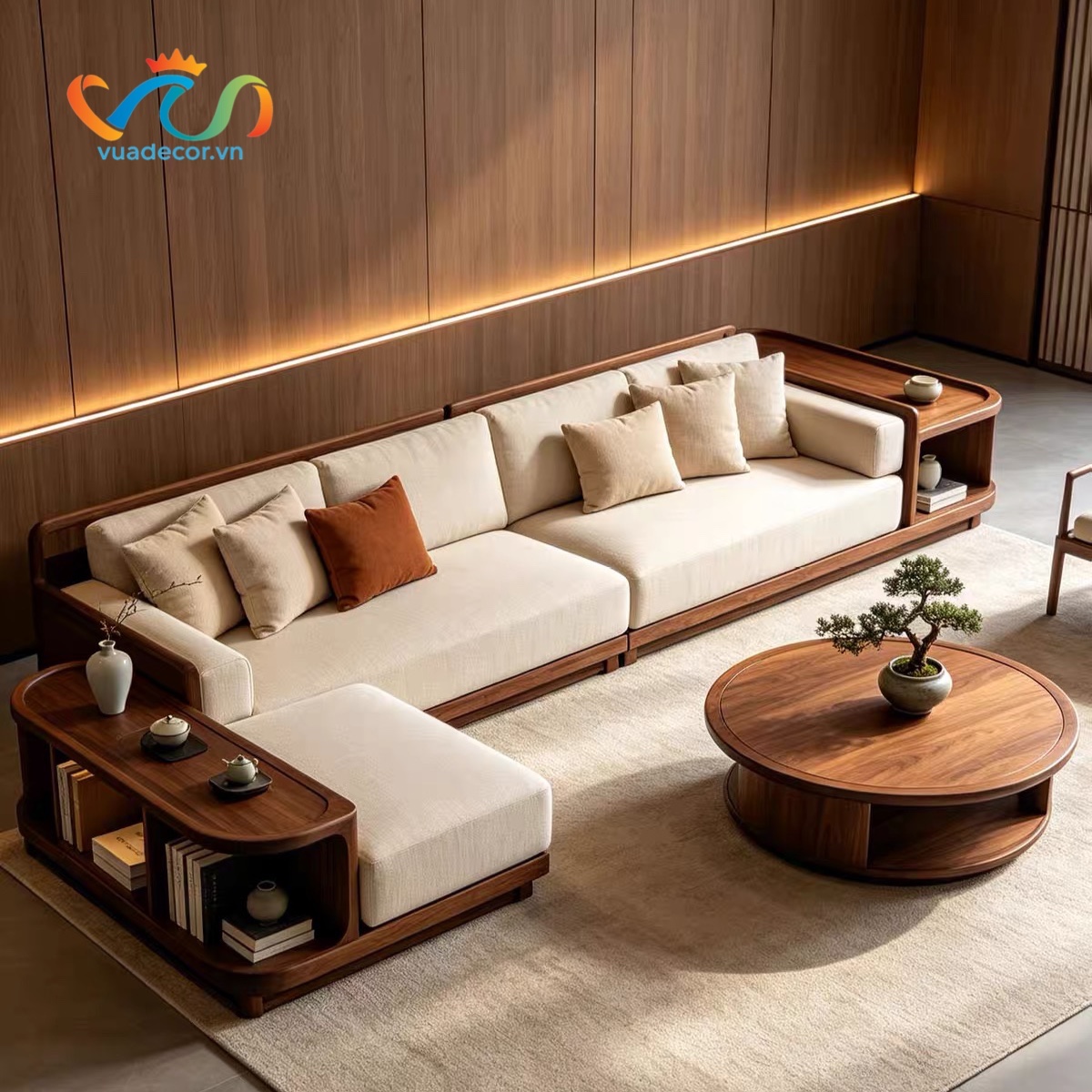 Sofa Gỗ Tự Nhiên Cao Cấp – Ghế Sofa Phòng Khách Bọc Nỉ Da Khung Gỗ Tay Tựa Uốn Cong