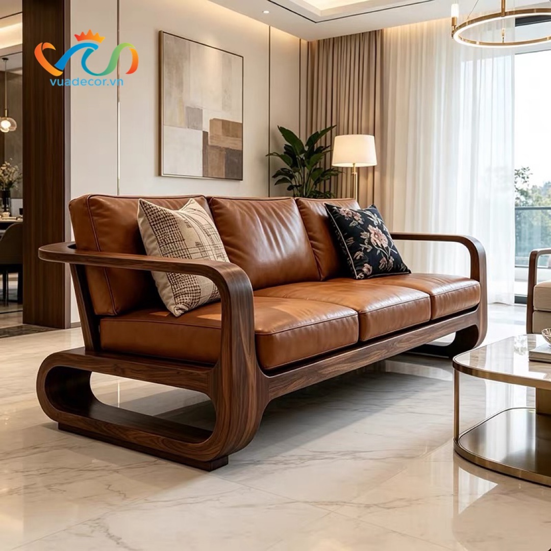 Sofa Gỗ Tự Nhiên Cao Cấp – Ghế Sofa Phòng Khách Bọc Nỉ Da, Khung Gỗ Uốn Cong Nghệ Thuật